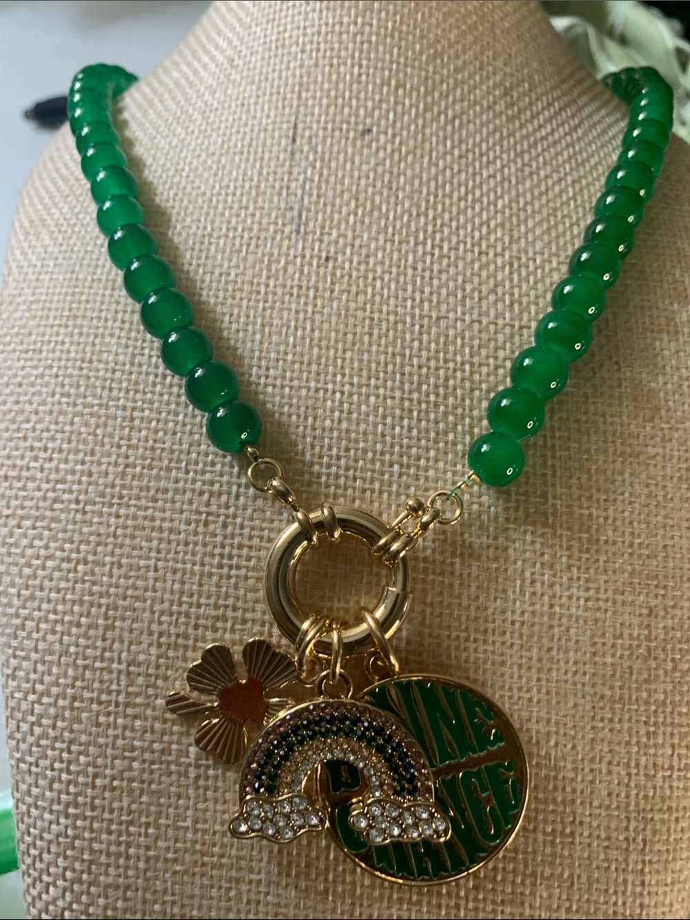 Plunder Bonne Green Beaded Necklace with Gold Rainbow & Charm Medallion
